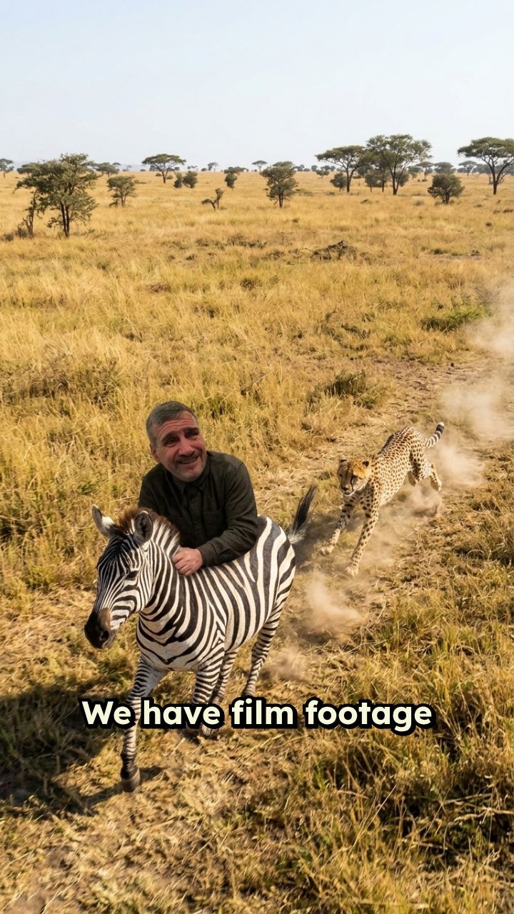 Man Rides Zebra Chased by Cheetah