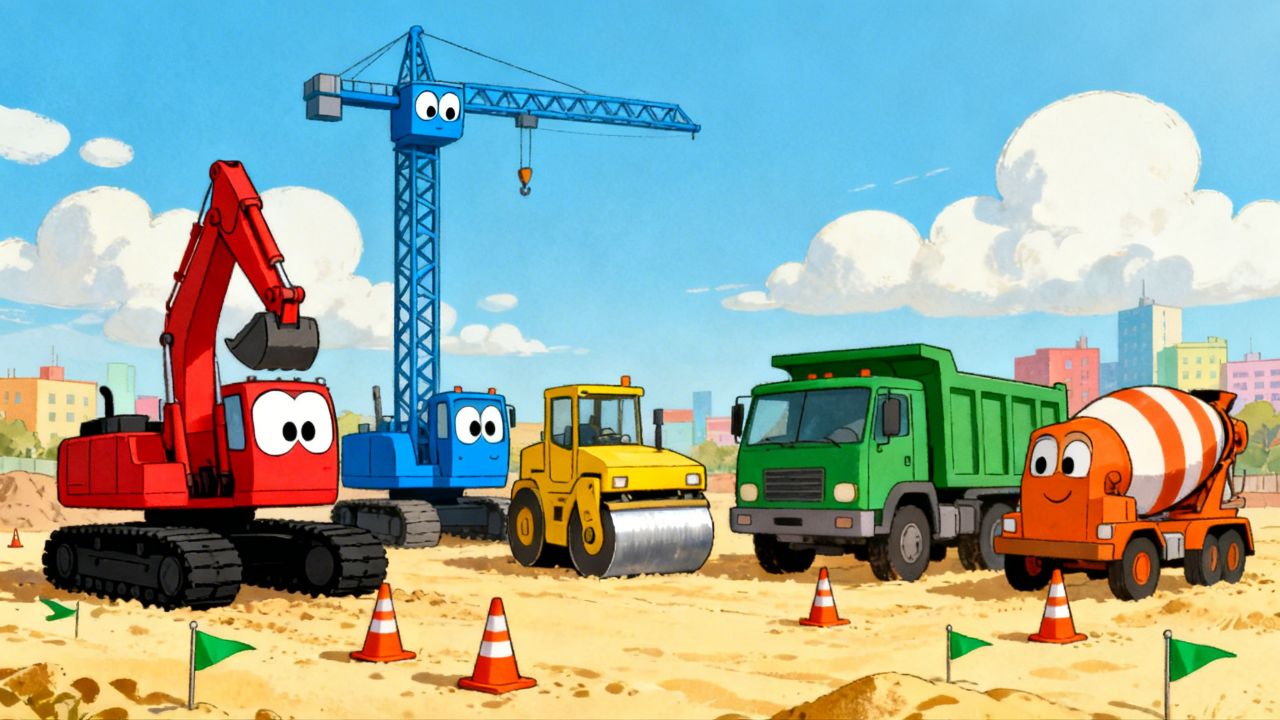 Fünf kleine Baustellenfahrzeuge