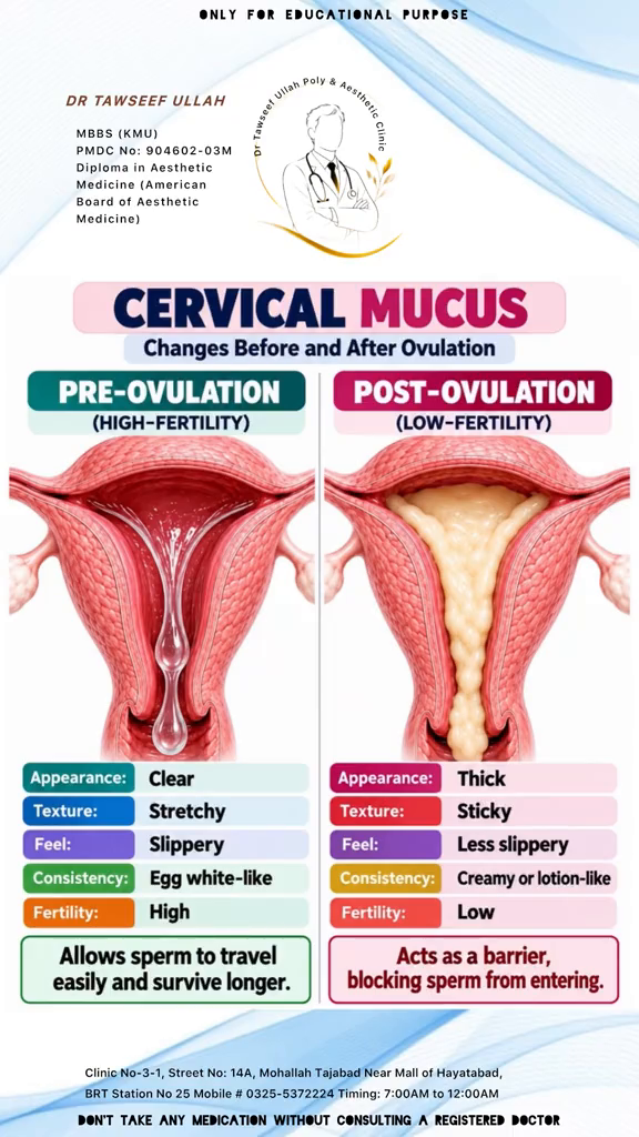 TikTok by @drtawseefullahgpclinic: 🌸 CERVICAL MUCUS — CHANGES BEFORE AND AFTER OVULATION Your Cervical Mucus Naturally Chang