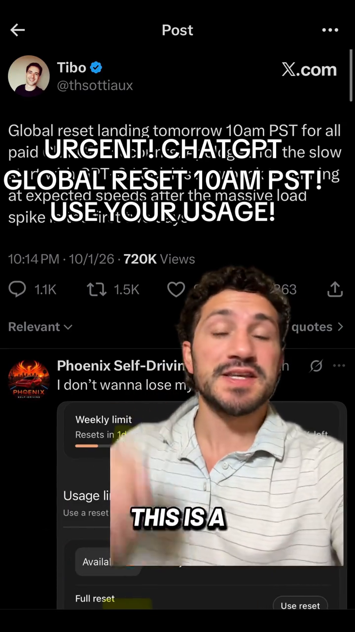 TikTok by @malikontech: OpenAI is resetting usage limits for every paid ChatGPT account today at 10am PT after GPT